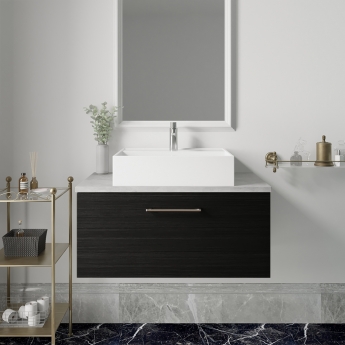 Nuie Arno Wall Hung 1-Drawer Vanity Unit with Bellato Grey Worktop 800mm Wide - Black Woodgrain
