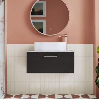 Nuie Arno Wall Hung 1-Drawer Vanity Unit with Bellato Grey Worktop 800mm Wide - Black Woodgrain | Product Image