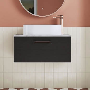 Nuie Arno Wall Hung 1-Drawer Vanity Unit with Bellato Grey Worktop 800mm Wide - Black Woodgrain | Product Image