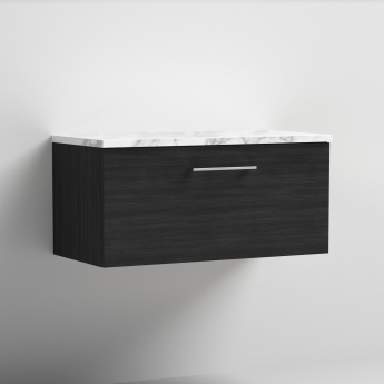 Nuie Arno Wall Hung 1-Drawer Vanity Unit with Carrera Marble Worktop 800mm Wide - Charcoal Black Woodgrain | Product Image