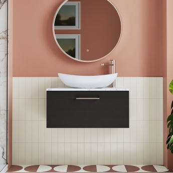 Nuie Arno Wall Hung 1-Drawer Vanity Unit with Carrera Marble Worktop 800mm Wide - Charcoal Black Woodgrain | Product Image