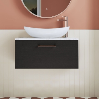 Nuie Arno Wall Hung 1-Drawer Vanity Unit with Carrera Marble Worktop 800mm Wide - Charcoal Black Woodgrain | Product Image