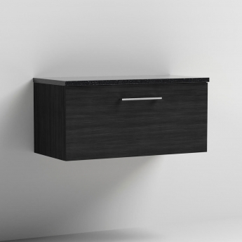 Nuie Arno Wall Hung 1-Drawer Vanity Unit with Sparkling Black Worktop 800mm Wide - Black Woodgrain