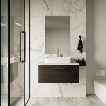 Nuie Arno Wall Hung 1-Drawer Vanity Unit with Sparkling White Worktop 800mm Wide - Black Woodgrain