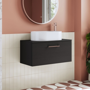 Nuie Arno Wall Hung 1-Drawer Vanity Unit with Worktop 800mm Wide - Black Woodgrain | Product Image