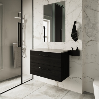 Nuie Arno Wall Hung 2-Drawer Vanity Unit with Bellato Grey Worktop 800mm Wide - Black Woodgrain | Product Image