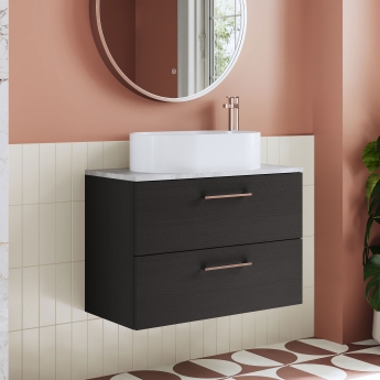 Nuie Arno Wall Hung 2-Drawer Vanity Unit with Bellato Grey Worktop 800mm Wide - Black Woodgrain | Product Image