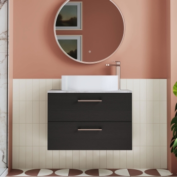 Nuie Arno Wall Hung 2-Drawer Vanity Unit with Bellato Grey Worktop 800mm Wide - Black Woodgrain | Product Image
