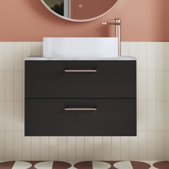 Nuie Arno Wall Hung 2-Drawer Vanity Unit with Bellato Grey Worktop 800mm Wide - Black Woodgrain | Product Image