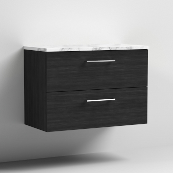 Nuie Arno Wall Hung 2-Drawer Vanity Unit with Carrera Marble Worktop 800mm Wide - Charcoal Black Woodgrain | Product Image