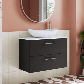 Nuie Arno Wall Hung 2-Drawer Vanity Unit with Carrera Marble Worktop 800mm Wide - Charcoal Black Woodgrain | Product Image