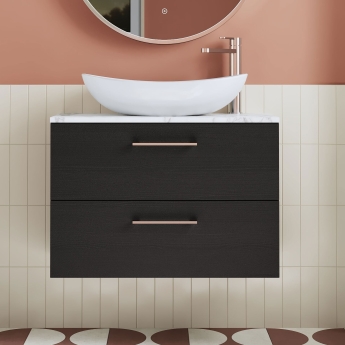 Nuie Arno Wall Hung 2-Drawer Vanity Unit with Carrera Marble Worktop 800mm Wide - Charcoal Black Woodgrain | Product Image