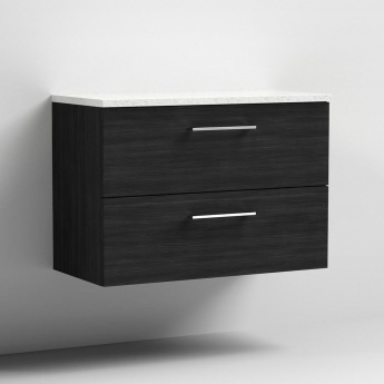 Nuie Arno Wall Hung 2-Drawer Vanity Unit with Sparkling White Worktop 800mm Wide - Black Woodgrain