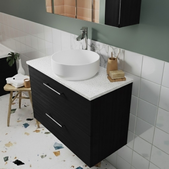Nuie Arno Wall Hung 2-Drawer Vanity Unit with Sparkling White Worktop 800mm Wide - Black Woodgrain