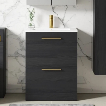 Nuie Arno Floor Standing 2-Drawer Vanity Unit with Basin-2 600mm Wide - Black Woodgrain