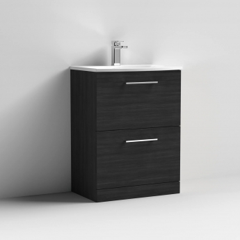 Nuie Arno Floor Standing 2-Drawer Vanity Unit with Basin-4 600mm Wide - Black Woodgrain
