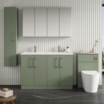 Nuie Arno Floor Standing 4-Door Vanity Unit with Double Ceramic Basin 1200mm Wide - Satin Green | Product Image