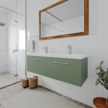 Nuie Arno Wall Hung 2-Drawer Vanity Unit with Double Polymarble Basin 1200mm Wide - Satin Green