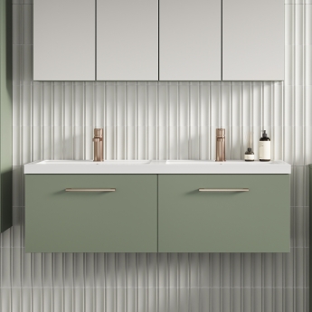 Nuie Arno Wall Hung 2-Drawer Vanity Unit with Double Polymarble Basin 1200mm Wide - Satin Green