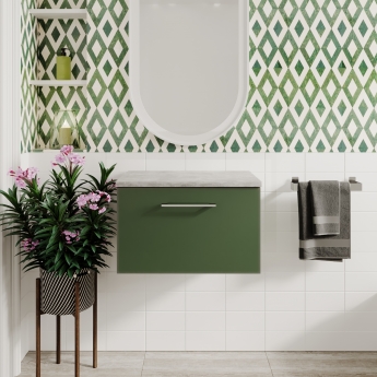 Nuie Arno Wall Hung 1-Drawer Vanity Unit with Bellato Grey Worktop 600mm Wide - Satin Green
