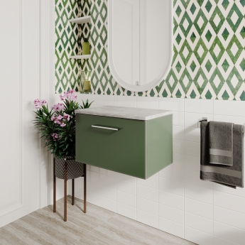 Nuie Arno Wall Hung 1-Drawer Vanity Unit with Bellato Grey Worktop 600mm Wide - Satin Green