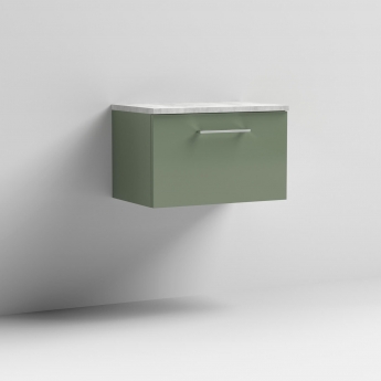 Nuie Arno Wall Hung 1-Drawer Vanity Unit with Bellato Grey Worktop 600mm Wide - Satin Green
