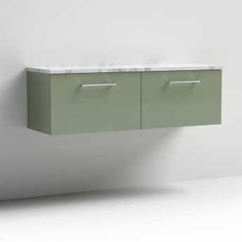 Nuie Arno Wall Hung 2-Drawer Vanity Unit with Carrera Marble Worktop 1200mm Wide - Satin Green | Product Image