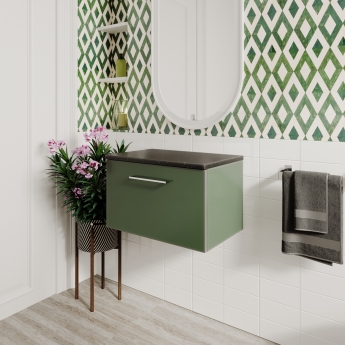 Nuie Arno Wall Hung 1-Drawer Vanity Unit with Sparkling Black Worktop 600mm Wide - Satin Green