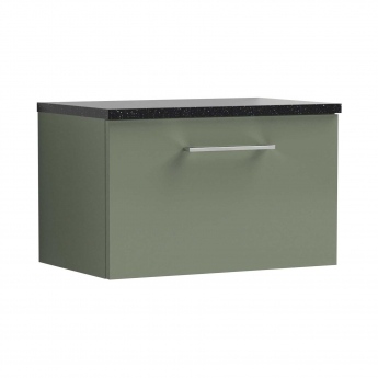 Nuie Arno Wall Hung 1-Drawer Vanity Unit with Sparkling Black Worktop 600mm Wide - Satin Green