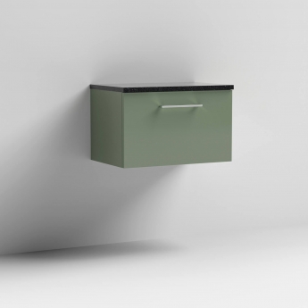 Nuie Arno Wall Hung 1-Drawer Vanity Unit with Sparkling Black Worktop 600mm Wide - Satin Green