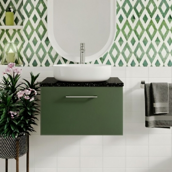 Nuie Arno Wall Hung 1-Drawer Vanity Unit with Sparkling Black Worktop 600mm Wide - Satin Green