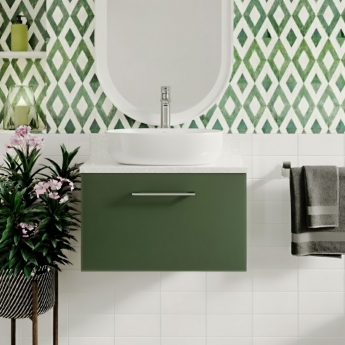 Nuie Arno Wall Hung 1-Drawer Vanity Unit with Sparkling White Worktop 600mm Wide - Satin Green