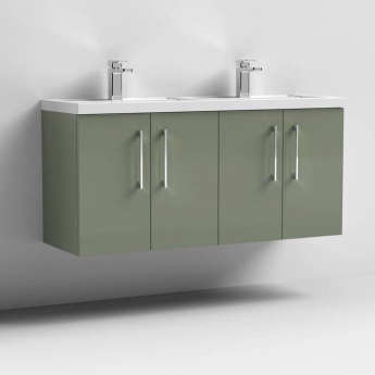 Nuie Arno Wall Hung 4-Door Vanity Unit with Double Polymarble Basin 1200mm Wide - Satin Green