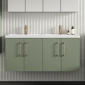 Nuie Arno Wall Hung 4-Door Vanity Unit with Double Polymarble Basin 1200mm Wide - Satin Green