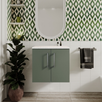 Nuie Arno Wall Hung 2-Door Vanity Unit with Bellato Grey Worktop 600mm Wide - Satin Green