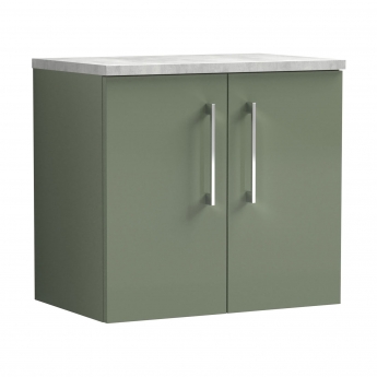 Nuie Arno Wall Hung 2-Door Vanity Unit with Bellato Grey Worktop 600mm Wide - Satin Green