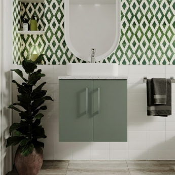 Nuie Arno Wall Hung 2-Door Vanity Unit with Bellato Grey Worktop 600mm Wide - Satin Green