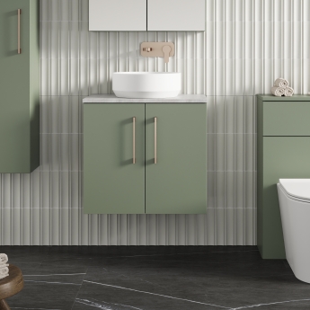Nuie Arno Wall Hung 2-Door Vanity Unit with Bellato Grey Worktop 600mm Wide - Satin Green | Product Image