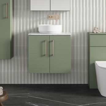 Nuie Arno Wall Hung 2-Door Vanity Unit with Carrera Marble Worktop 600mm Wide - Satin Green | Product Image