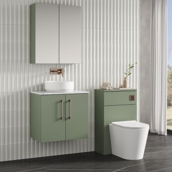 Nuie Arno Wall Hung 2-Door Vanity Unit with Carrera Marble Worktop 600mm Wide - Satin Green | Product Image