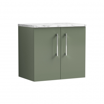 Nuie Arno Wall Hung 2-Door Vanity Unit with Carrera Marble Worktop 600mm Wide - Satin Green | Product Image