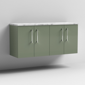 Nuie Arno Wall Hung 4-Door Vanity Unit with Carrera Marble Worktop 1200mm Wide - Satin Green | Product Image