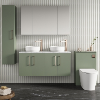 Nuie Arno Wall Hung 4-Door Vanity Unit with Carrera Marble Worktop 1200mm Wide - Satin Green | Product Image