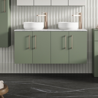 Nuie Arno Wall Hung 4-Door Vanity Unit with Carrera Marble Worktop 1200mm Wide - Satin Green | Product Image