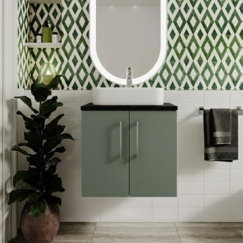 Nuie Arno Wall Hung 2-Door Vanity Unit with Sparkling Black Worktop 600mm Wide - Satin Green