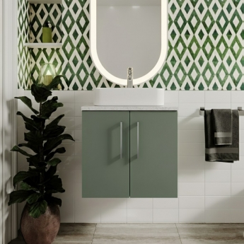 Nuie Arno Wall Hung 2-Door Vanity Unit with Sparkling White Worktop 600mm Wide - Satin Green