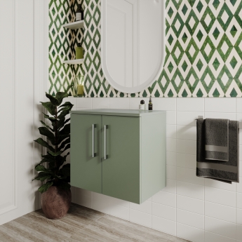 Nuie Arno Wall Hung 2-Door Vanity Unit with Worktop 600mm Wide - Satin Green