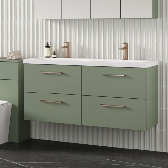 Nuie Arno Wall Hung 4-Drawer Vanity Unit with Double Ceramic Basin 1200mm Wide - Satin Green