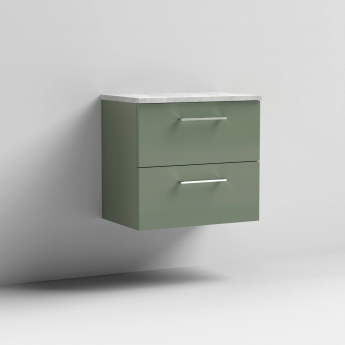 Nuie Arno Wall Hung 2-Drawer Vanity Unit with Bellato Grey Worktop 600mm Wide - Satin Green