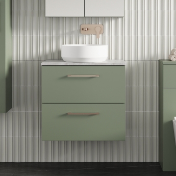 Nuie Arno Wall Hung 2-Drawer Vanity Unit with Bellato Grey Worktop 600mm Wide - Satin Green